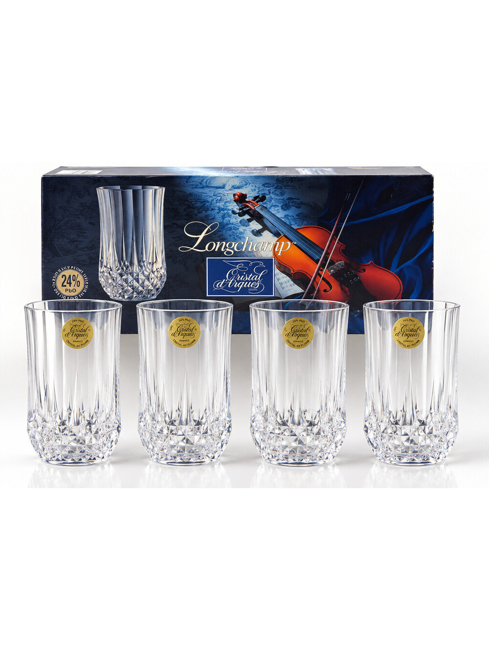 Cristal d'Arques Longchamp 24% Lead Crystal Highball Glasses Set of 4 NEW France